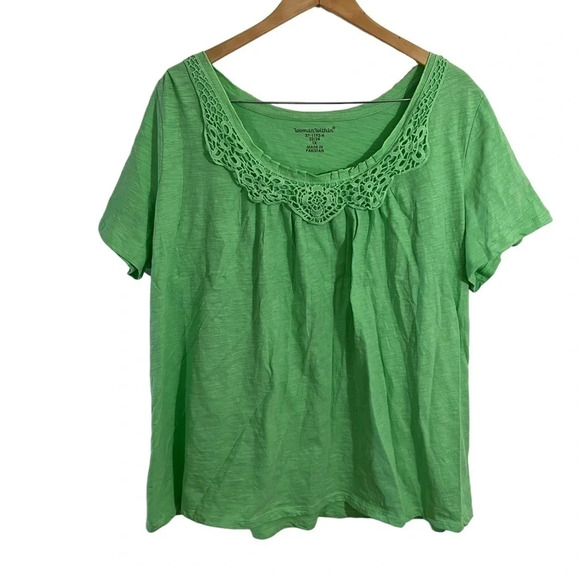 Woman Within Tops - Woman Within Mint Green Top 1X 22 24 Lace Crochet Ruffle Neckline Short Sleeves